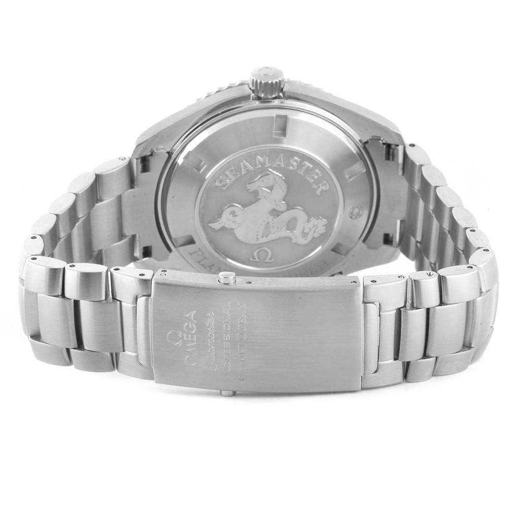 This Omega Planet Ocean 2208.50.00 Men
s Stainless Steel Black Dial 2208.50.00 Men
s Stainless Steel Black Dial watch is shown from the rear angle, focusing on the case back and metal bracelet clasp.