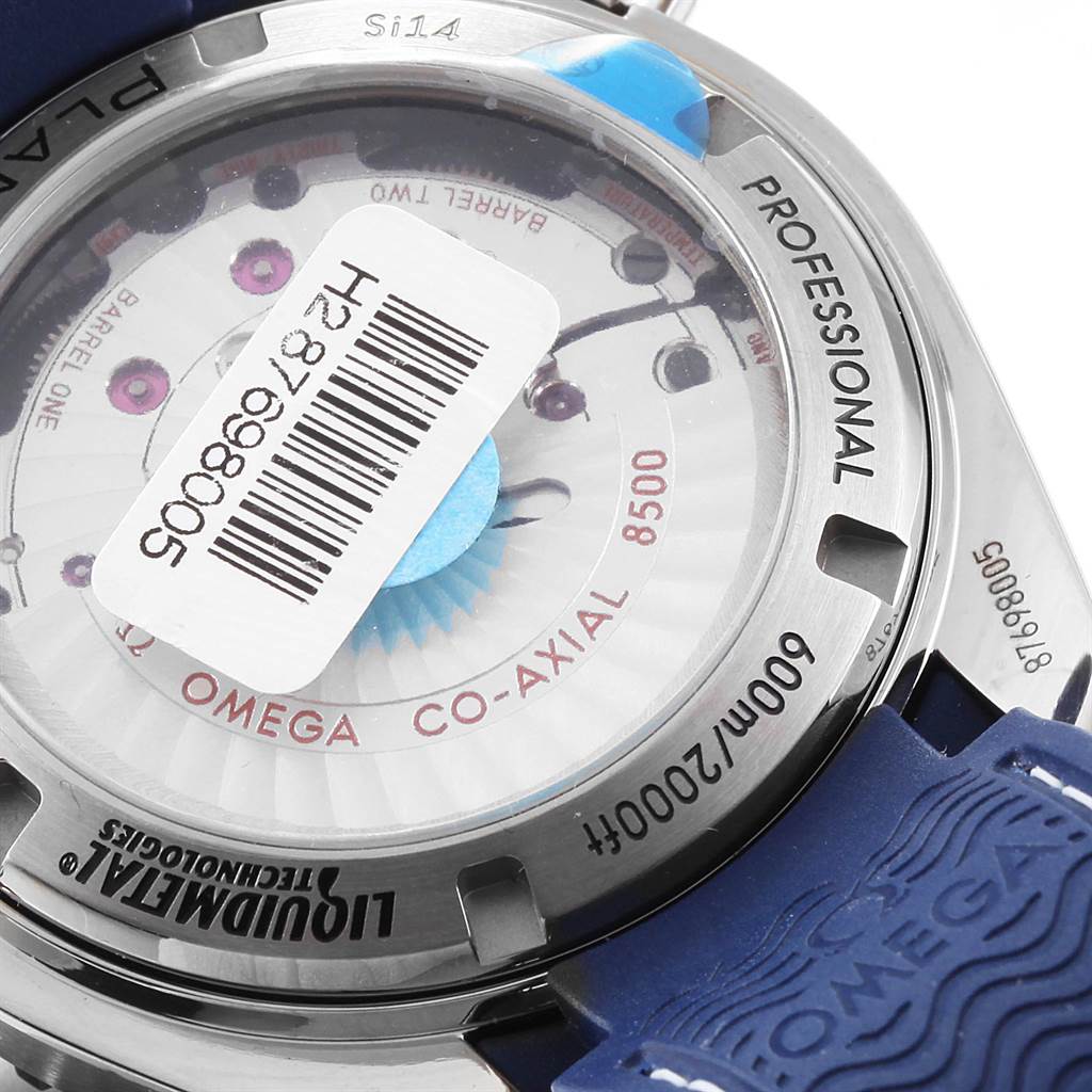 This image shows the back of the Omega Planet Ocean 232.92.42.21.03.001 Men
s Titanium Blue Dial 232.92.42.21.03.001 Men
s Titanium Blue Dial watch, highlighting its transparent case back and visible internal mechanism.