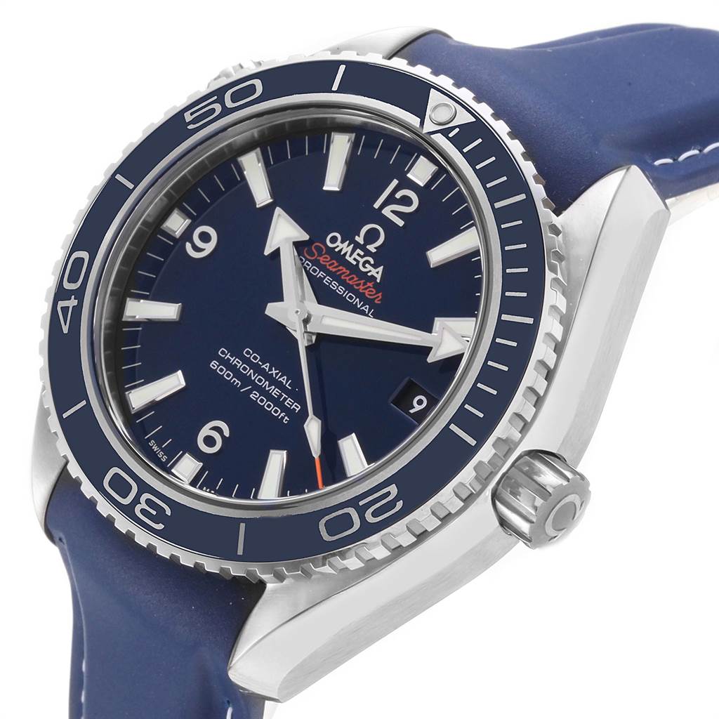 The image shows an angled view of the Omega Planet Ocean 232.92.42.21.03.001 Men
s Titanium Blue Dial 232.92.42.21.03.001 Men
s Titanium Blue Dial watch, highlighting its blue strap, crown, and bezel.