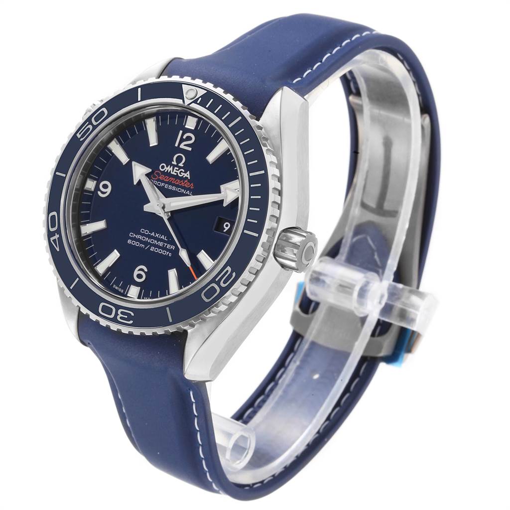 The image shows an Omega Planet Ocean 232.92.42.21.03.001 Men
s Titanium Blue Dial 232.92.42.21.03.001 Men
s Titanium Blue Dial watch focused on the face, bezel, and crown from an angled side view.