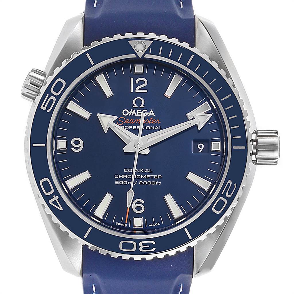 The image shows a front view of the Omega Planet Ocean 232.92.42.21.03.001 Men
s Titanium Blue Dial 232.92.42.21.03.001 Men
s Titanium Blue Dial Seamaster, displaying the dial, bezel, crown, and strap.