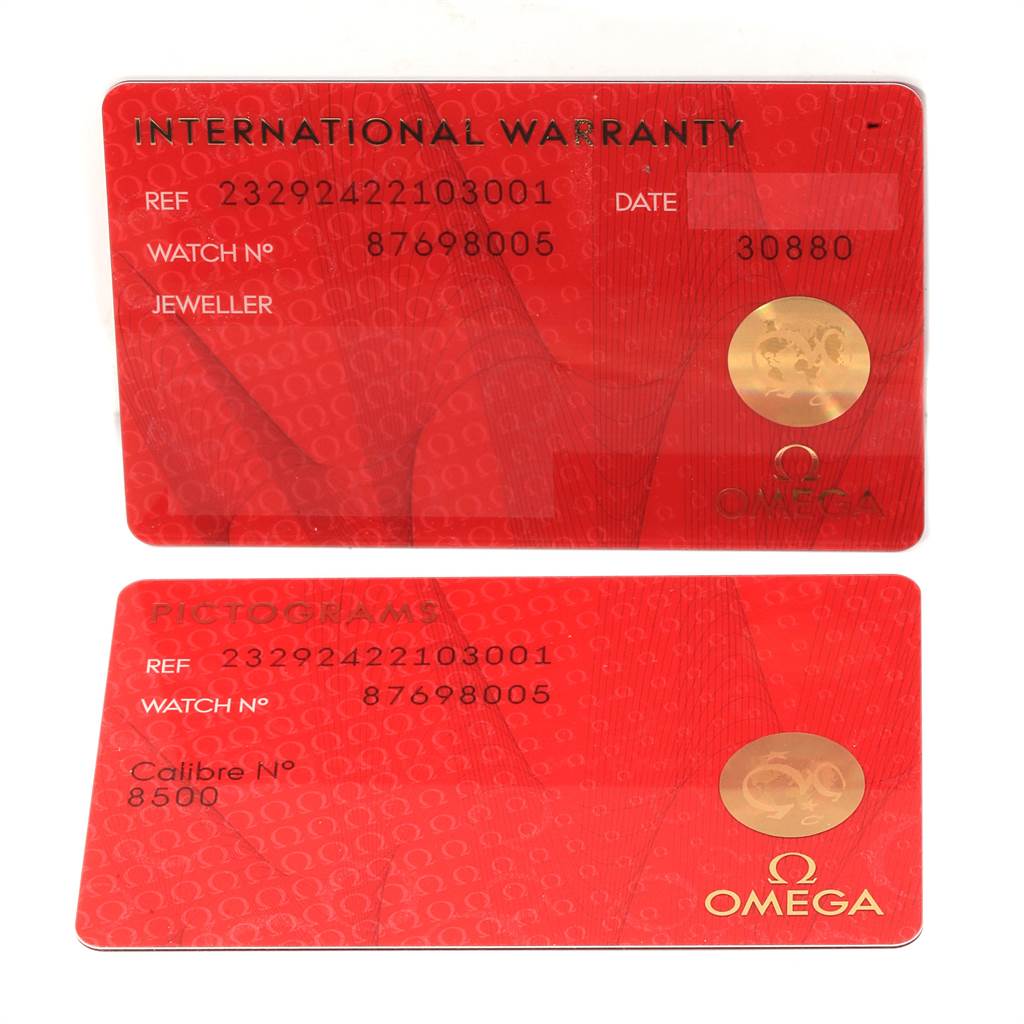 This image shows the International Warranty and Pictograms cards for the Omega Planet Ocean 232.92.42.21.03.001 Men
s Titanium Blue Dial 232.92.42.21.03.001 Men
s Titanium Blue Dial model watch.