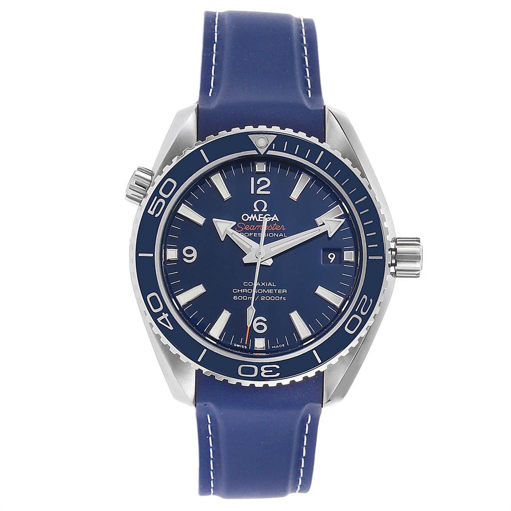 The image shows a front view of the Omega Planet Ocean 232.92.42.21.03.001 Men
s Titanium Blue Dial 232.92.42.21.03.001 Men
s Titanium Blue Dial watch, highlighting its blue dial, bezel, and strap.
