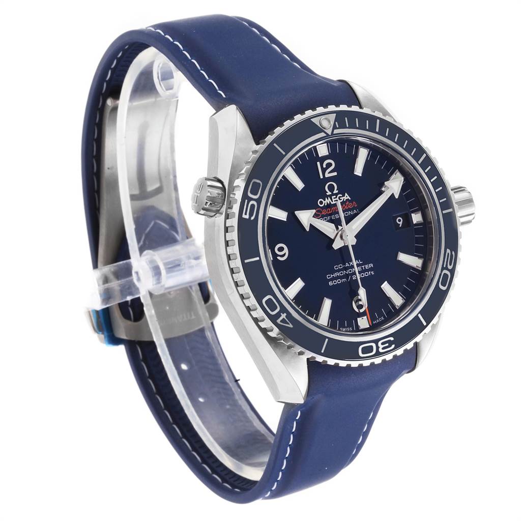 The image shows an angled view of an Omega Planet Ocean 232.92.42.21.03.001 Men
s Titanium Blue Dial 232.92.42.21.03.001 Men
s Titanium Blue Dial watch displaying its blue dial, bezel, and strap.