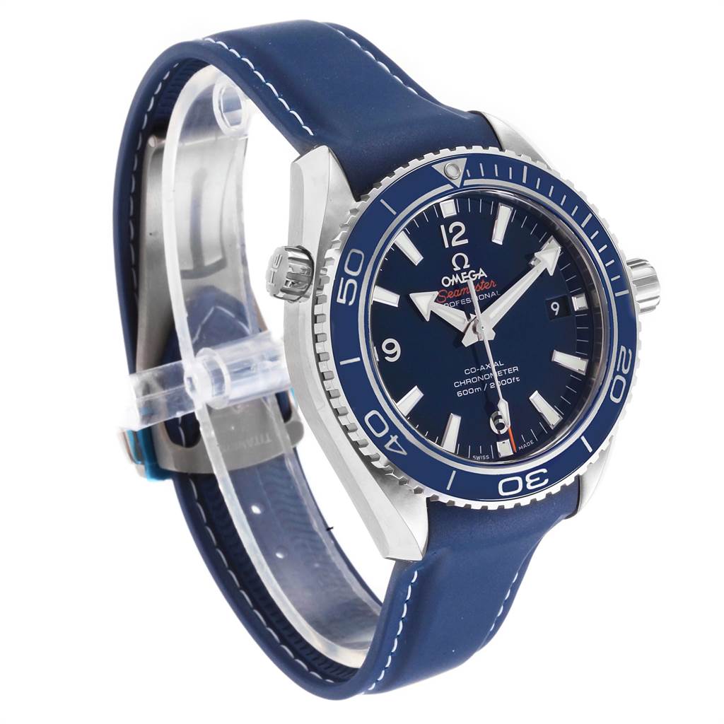 This image shows the Omega Planet Ocean 232.92.42.21.03.001 Men's Titanium Blue Dial 232.92.42.21.03.001 Men's Titanium Blue Dial watch from a side and front angle, highlighting its dial, bezel, and strap.