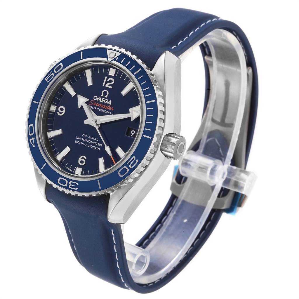 The image shows an Omega Planet Ocean 232.92.42.21.03.001 Men's Titanium Blue Dial 232.92.42.21.03.001 Men's Titanium Blue Dial watch at a three-quarter angle, highlighting the dial, bezel, crown, and blue strap.