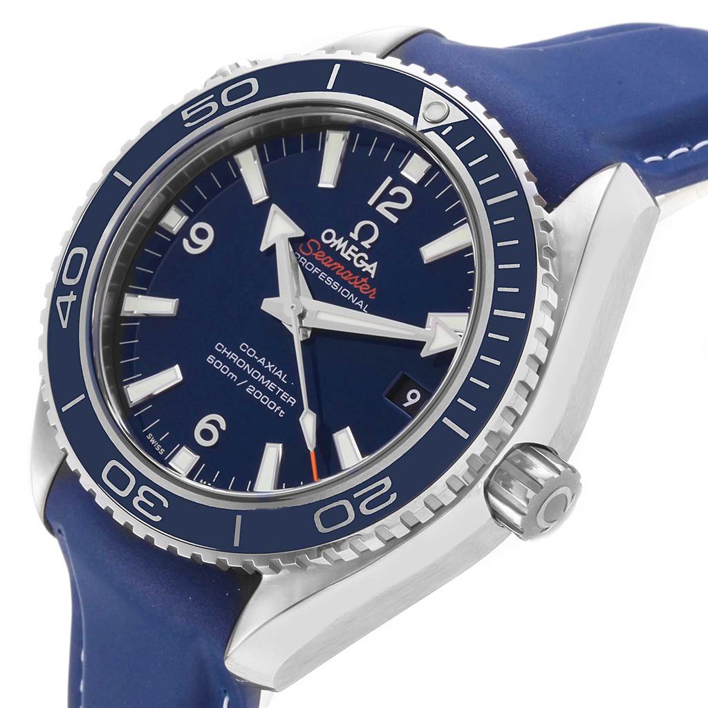 The image shows a close-up side view of the Omega Planet Ocean 232.92.42.21.03.001 Men's Titanium Blue Dial 232.92.42.21.03.001 Men's Titanium Blue Dial model watch, highlighting the bezel, dial, and crown.