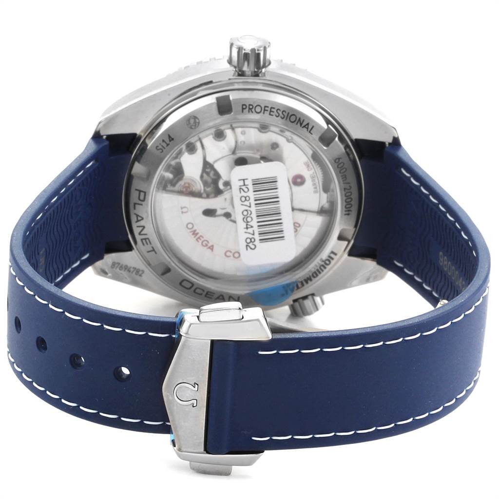 The image shows the back angle of the Omega Planet Ocean 232.92.42.21.03.001 Men's Titanium Blue Dial 232.92.42.21.03.001 Men's Titanium Blue Dial watch, showcasing its case back and blue strap.