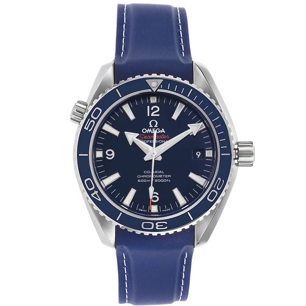 This Omega Planet Ocean 232.92.42.21.03.001 Men's Titanium Blue Dial 232.92.42.21.03.001 Men's Titanium Blue Dial watch is shown from a front angle, highlighting the dial, bezel, and blue strap.