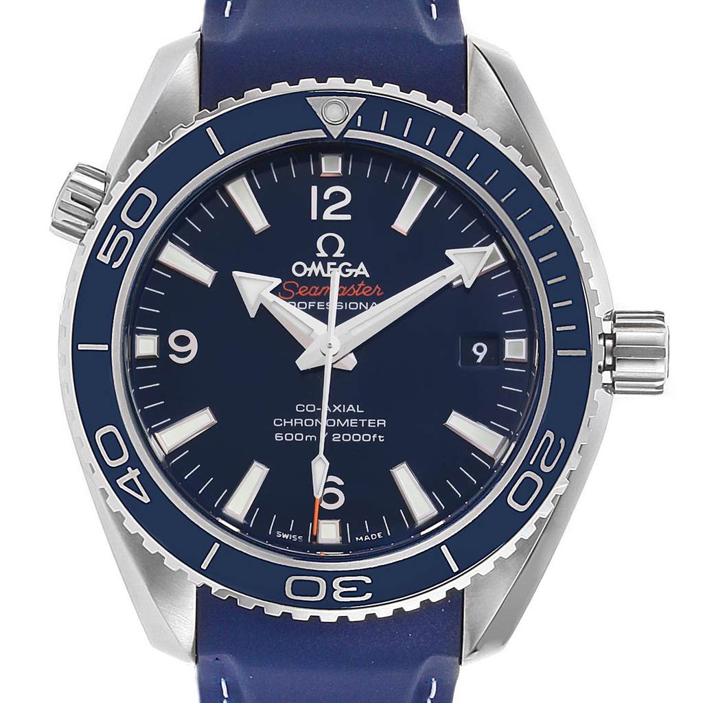 The image shows a front view of the Omega Seamaster Planet Ocean watch, displaying the face, bezel, and part of the strap.