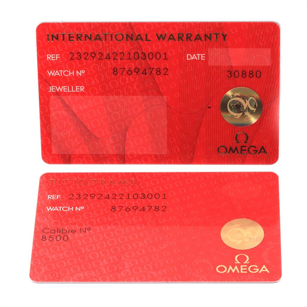 The image shows the International Warranty and Pictograms cards for the Omega Planet Ocean 232.92.42.21.03.001 Men's Titanium Blue Dial 232.92.42.21.03.001 Men's Titanium Blue Dial model.