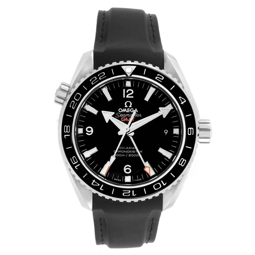 The Omega Planet Ocean 232.30.44.22.01.001 Men
s Stainless Steel Black Dial 232.30.44.22.01.001 Men
s Stainless Steel Black Dial watch is shown from the front, displaying its dial, bezel, hands, and strap.