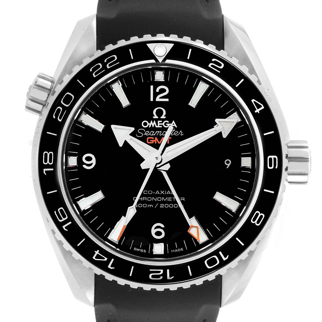 This image shows a front view of the Omega Planet Ocean 232.30.44.22.01.001 Men
s Stainless Steel Black Dial 232.30.44.22.01.001 Men
s Stainless Steel Black Dial watch, displaying its dial, bezel, and crown.