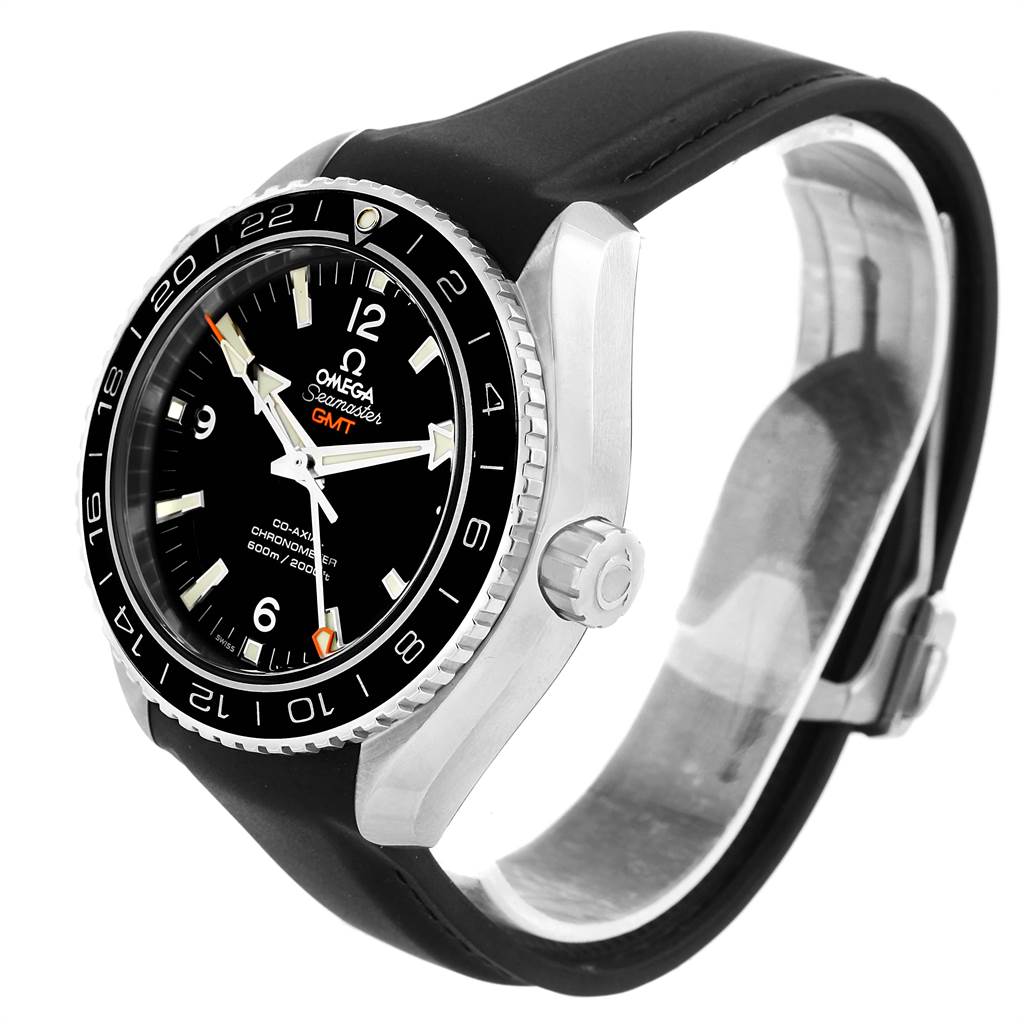 The Omega Planet Ocean 232.30.44.22.01.001 Men
s Stainless Steel Black Dial 232.30.44.22.01.001 Men
s Stainless Steel Black Dial watch is shown from a front-side angle, displaying the dial, bezel, and crown with a black strap.