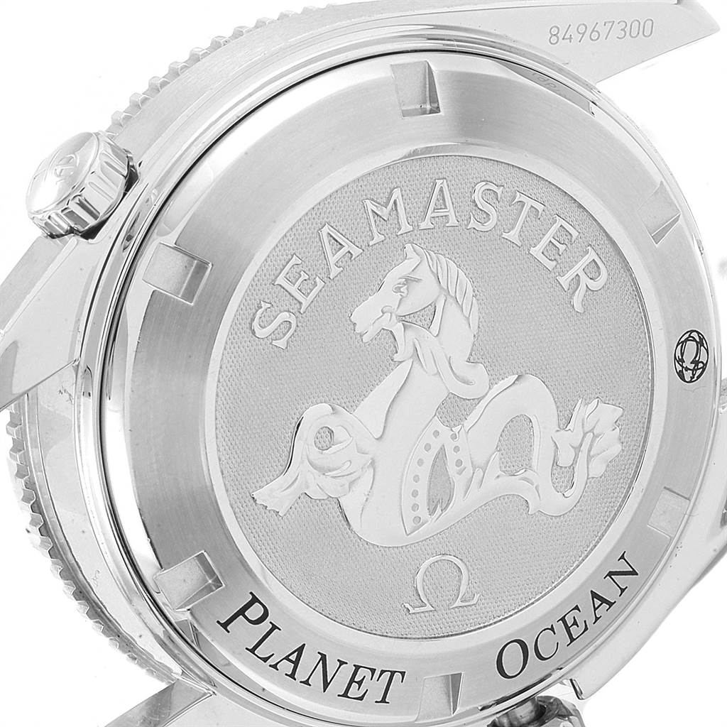 The image shows the back of an Omega Planet Ocean 222.18.42.20.01.001 Men
s Stainless Steel Black Dial 222.18.42.20.01.001 Men
s Stainless Steel Black Dial Seamaster watch, including the crown and lugs.