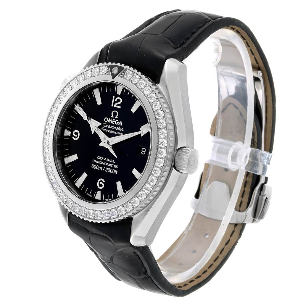 The Omega Planet Ocean 222.18.42.20.01.001 Men
s Stainless Steel Black Dial 222.18.42.20.01.001 Men
s Stainless Steel Black Dial watch is shown at a slight angle displaying the face, bezel, crown, and leather strap.