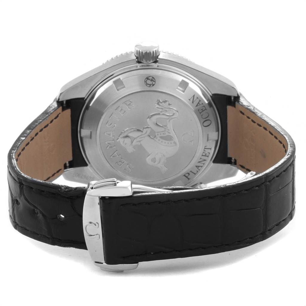 The image shows the back case and strap of the Omega Seamaster Planet Ocean watch from a rear angle.