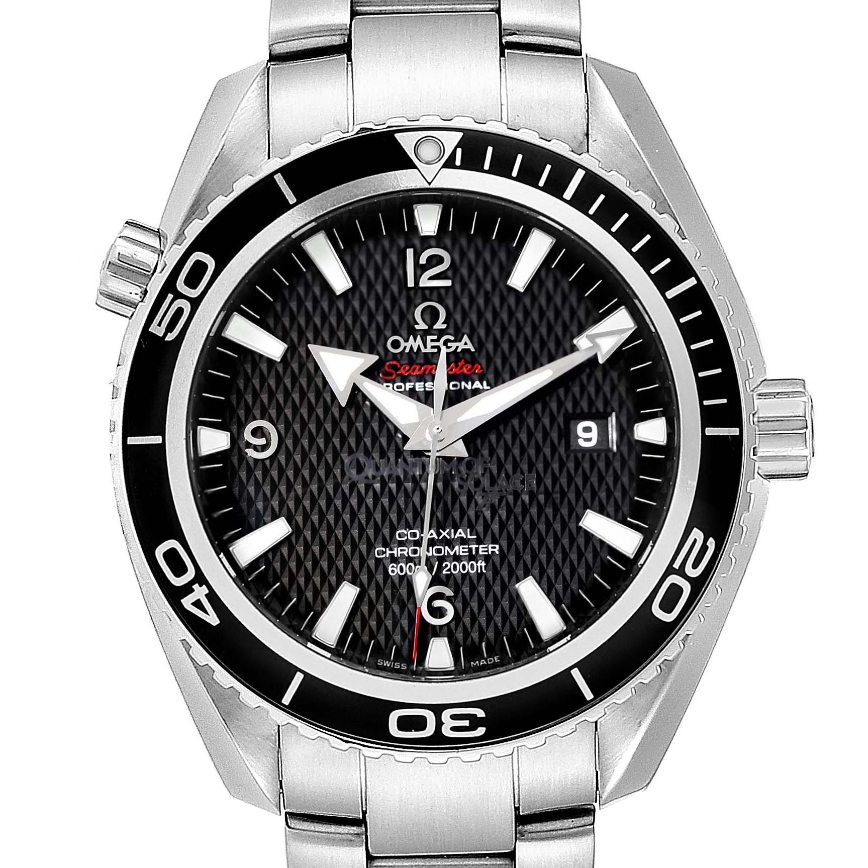 This image shows a front view of the Omega Planet Ocean 222.30.46.20.01.001 Men
s Stainless Steel Black Dial 222.30.46.20.01.001 Men
s Stainless Steel Black Dial watch, highlighting its dial, bezel, and stainless steel strap.