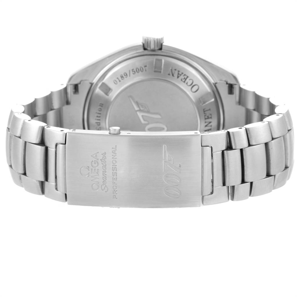 This image shows the back case and metal bracelet clasp of the Omega Planet Ocean 222.30.46.20.01.001 Men
s Stainless Steel Black Dial 222.30.46.20.01.001 Men
s Stainless Steel Black Dial watch.