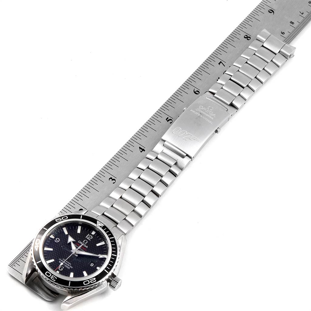 The image shows a top-down view of the Omega Planet Ocean 222.30.46.20.01.001 Men
s Stainless Steel Black Dial 222.30.46.20.01.001 Men
s Stainless Steel Black Dial watch, including its face and stainless steel band.