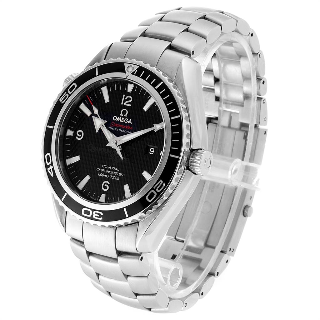 The image displays a side angle view of the Omega Planet Ocean 222.30.46.20.01.001 Men
s Stainless Steel Black Dial 222.30.46.20.01.001 Men
s Stainless Steel Black Dial model watch, highlighting the black dial, bezel, and stainless steel bracelet.