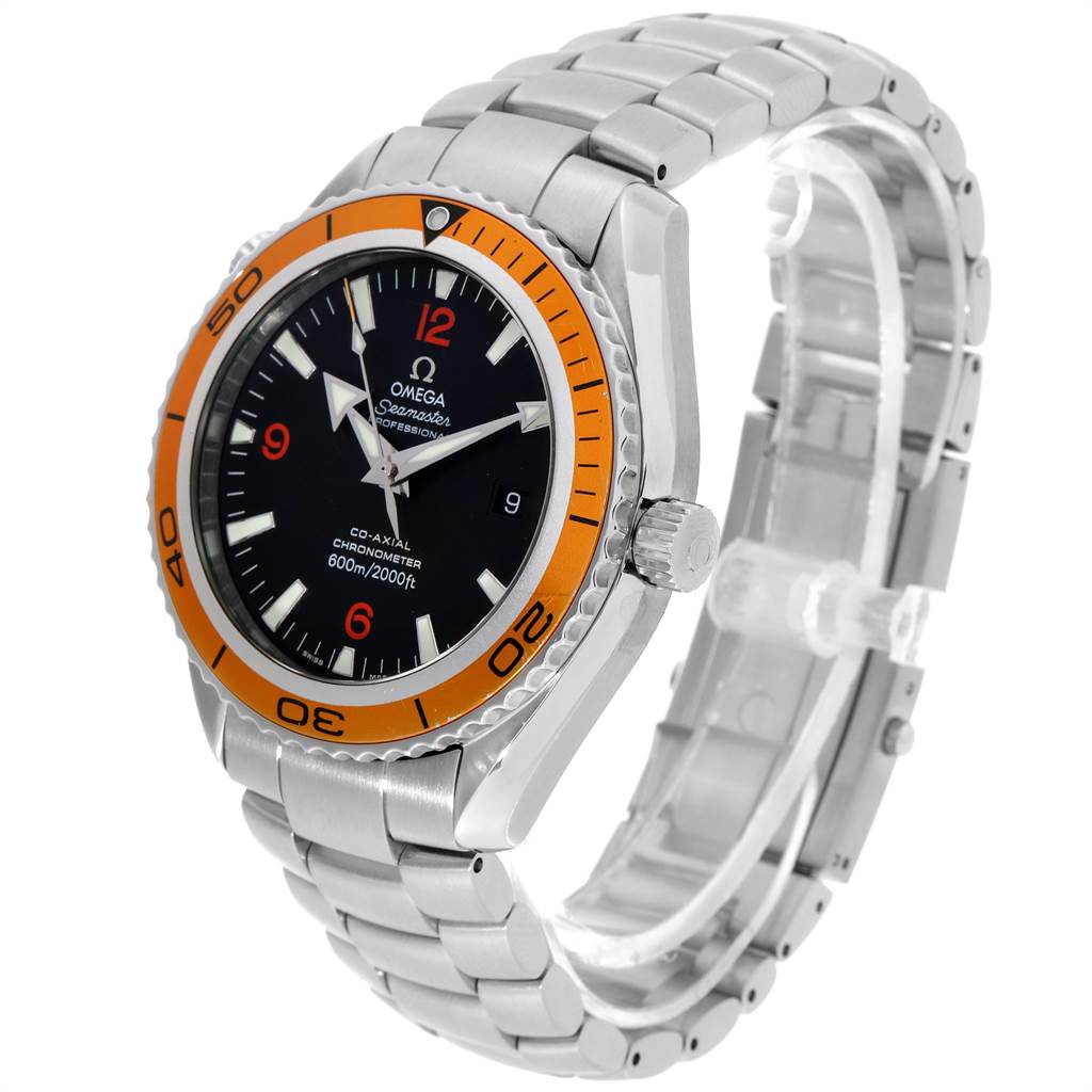 The Omega Planet Ocean 2208.50.00 Men
s Stainless Steel Black Dial 2208.50.00 Men
s Stainless Steel Black Dial watch is shown at an angle emphasizing the case, bezel, and bracelet links.