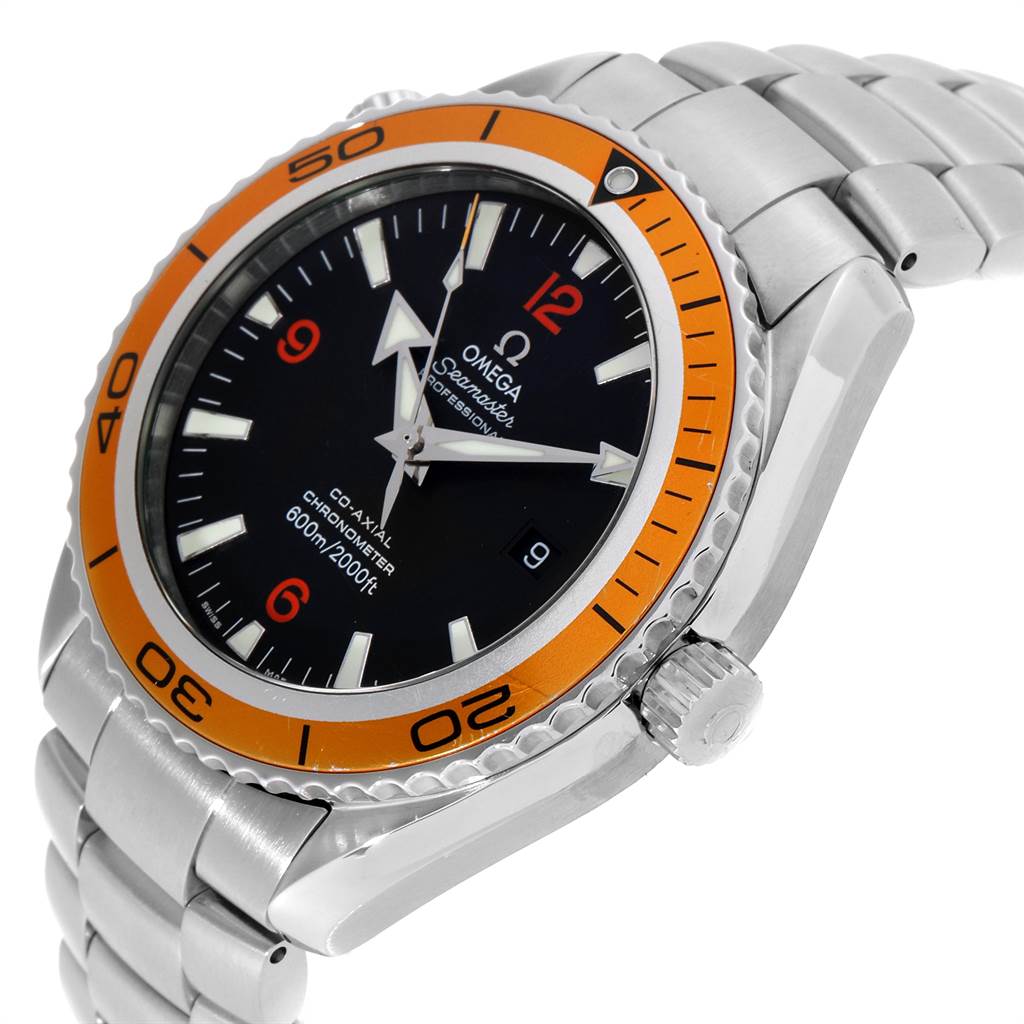 The image shows a side-angle view of the Omega Planet Ocean 2208.50.00 Men
s Stainless Steel Black Dial 2208.50.00 Men
s Stainless Steel Black Dial watch, highlighting its bezel, crown, and bracelet.