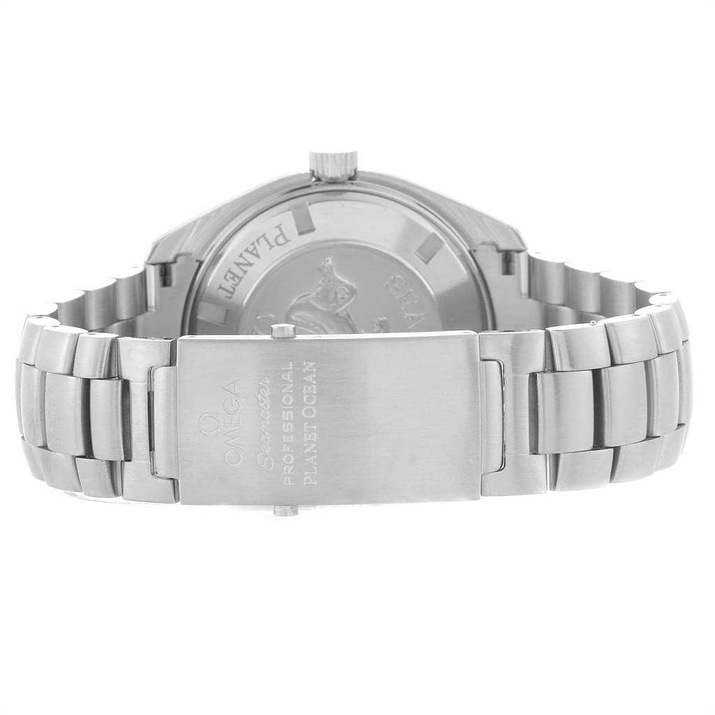 The image shows the back case and bracelet of an Omega Planet Ocean 2208.50.00 Men
s Stainless Steel Black Dial 2208.50.00 Men
s Stainless Steel Black Dial watch, highlighting the clasp and logo.