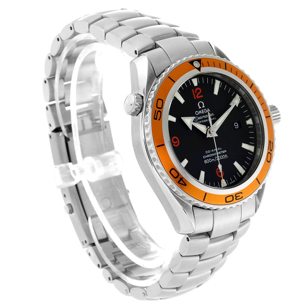 The image shows an angled side view of the Omega Planet Ocean 2208.50.00 Men
s Stainless Steel Black Dial 2208.50.00 Men
s Stainless Steel Black Dial watch, highlighting its face, bezel, and metal bracelet.