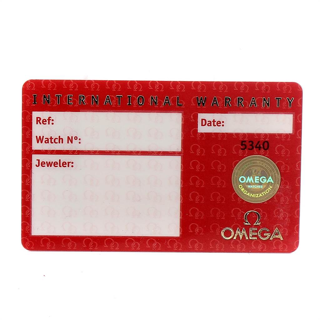 The image shows an Omega Planet Ocean 2208.50.00 Men
s Stainless Steel Black Dial 2208.50.00 Men
s Stainless Steel Black Dial model
s International Warranty card, featuring sections for Ref, Watch No, Date, and Jeweler.