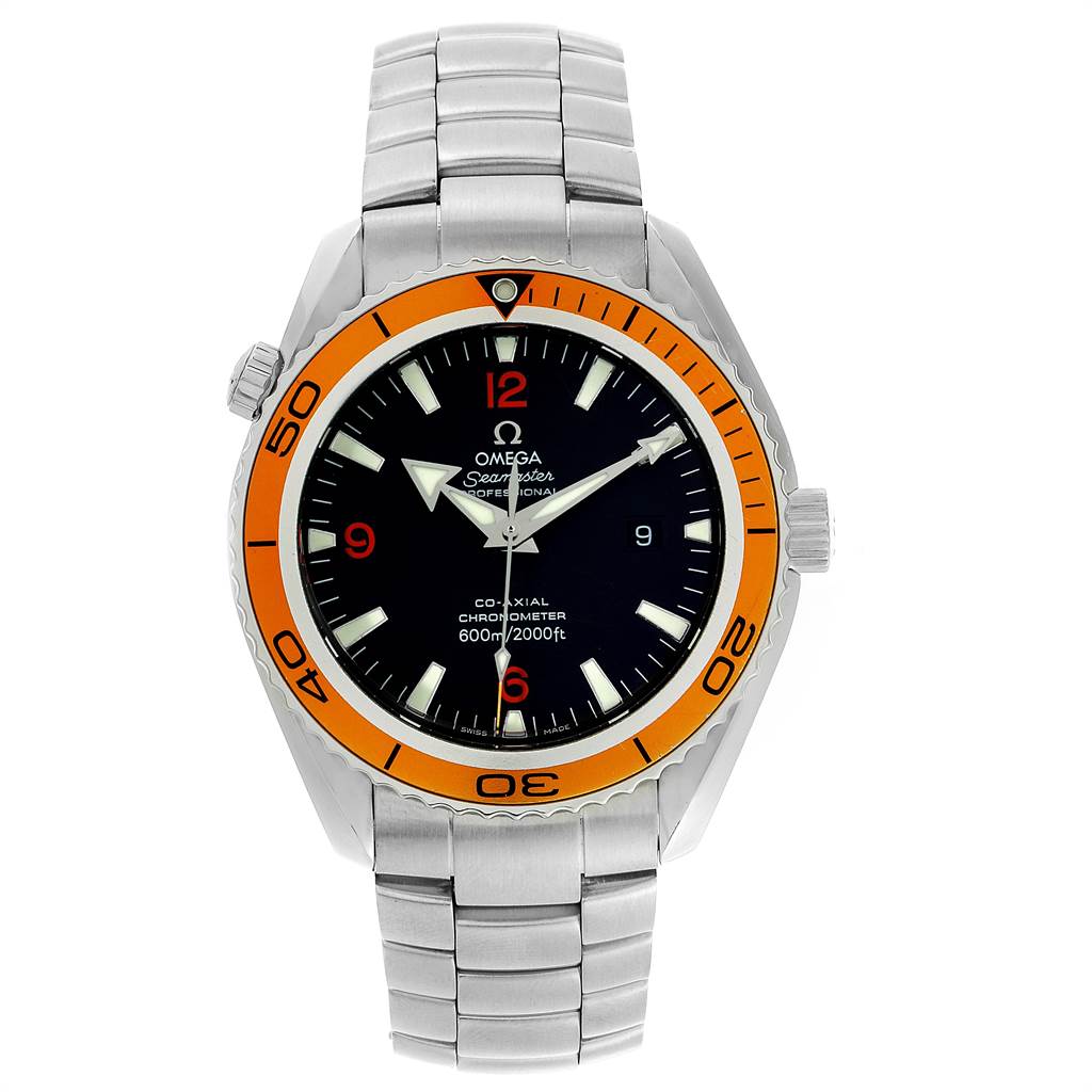 This Omega Planet Ocean 2208.50.00 Men
s Stainless Steel Black Dial 2208.50.00 Men
s Stainless Steel Black Dial watch is shown from a front angle, displaying the dial, bezel, and bracelet.