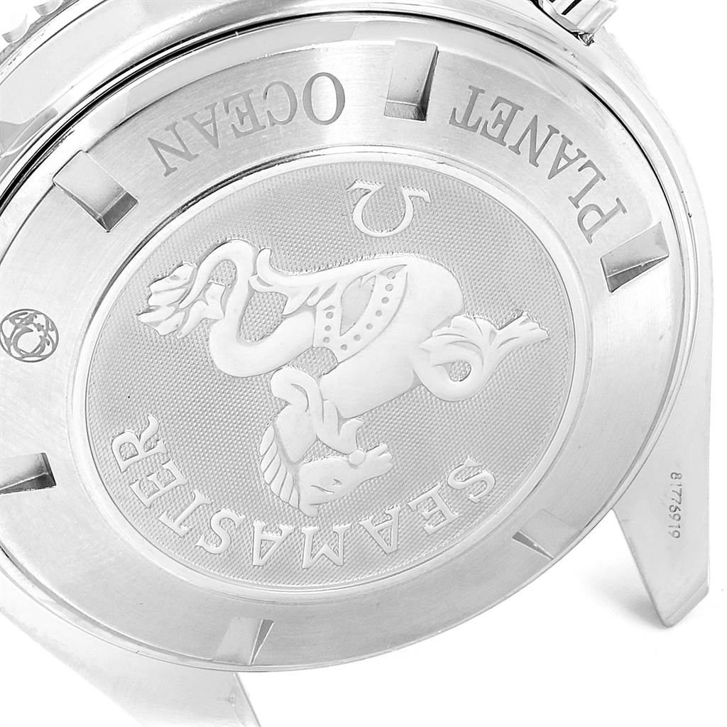 The image shows the case back of the Omega Planet Ocean 2208.50.00 Men
s Stainless Steel Black Dial 2208.50.00 Men
s Stainless Steel Black Dial watch, displaying the Seamaster engraving and logo.
