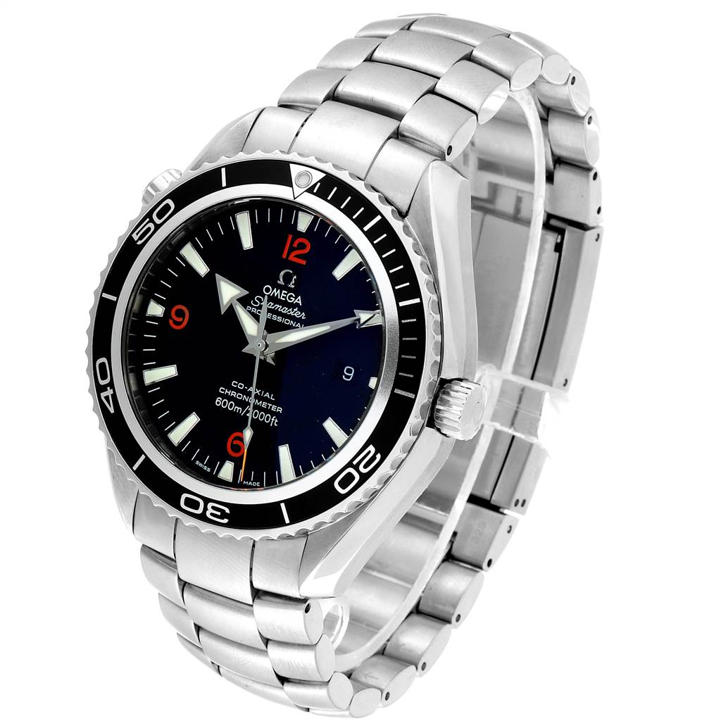 The Omega Planet Ocean 2200.51.00 Men
s Stainless Steel Black Dial 2200.51.00 Men
s Stainless Steel Black Dial watch is shown at a three-quarter angle, displaying the face, bezel, and stainless steel bracelet.