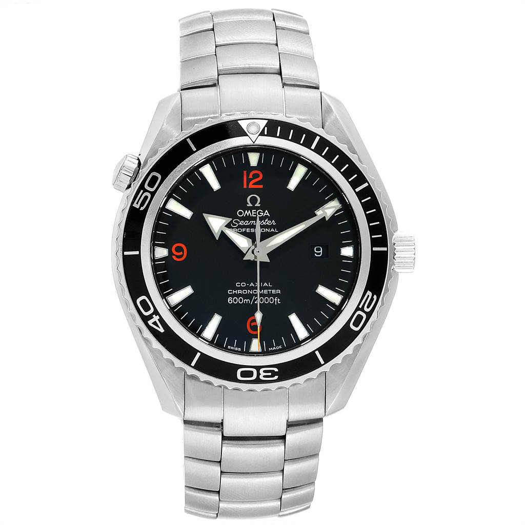 The image shows the Omega Planet Ocean 2200.51.00 Men
s Stainless Steel Black Dial 2200.51.00 Men
s Stainless Steel Black Dial watch from a front view, displaying its face, bezel, and metal bracelet.