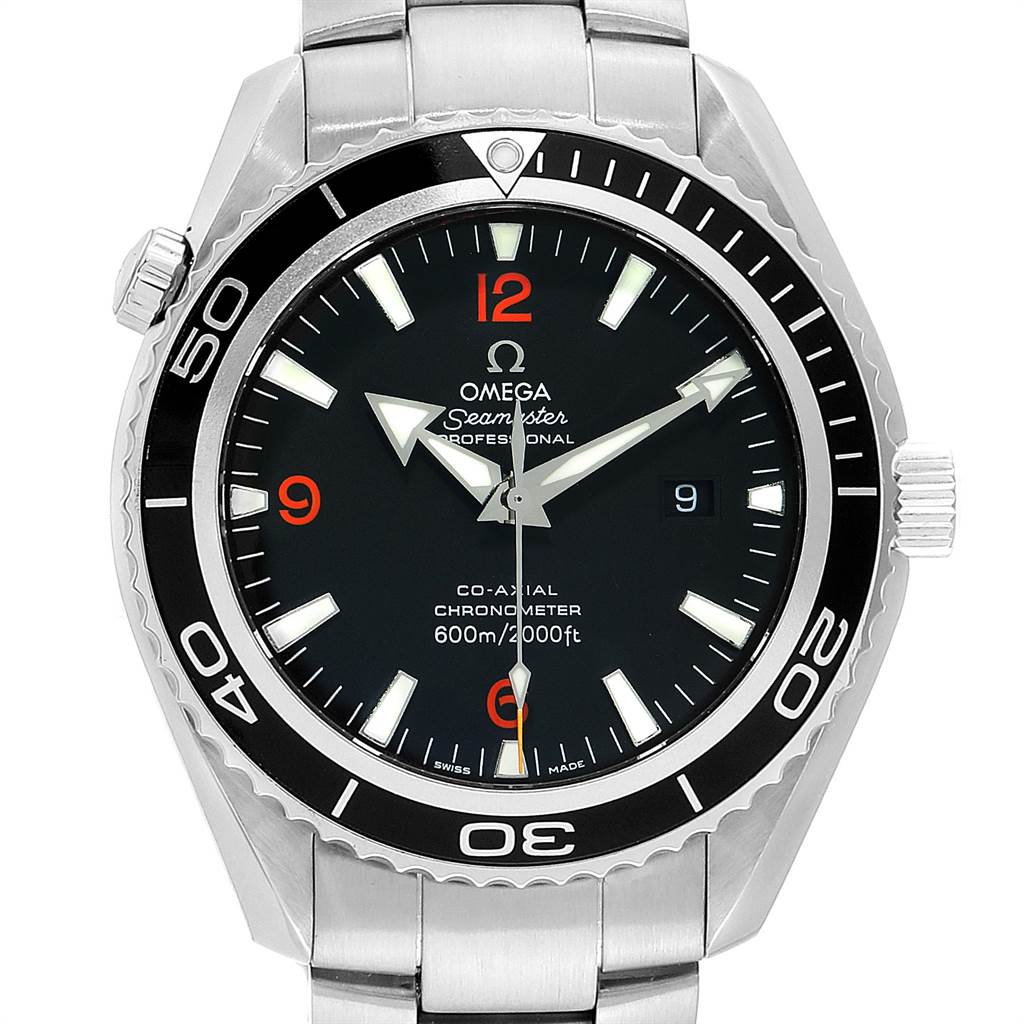 This Omega Planet Ocean 2200.51.00 Men
s Stainless Steel Black Dial 2200.51.00 Men
s Stainless Steel Black Dial watch is shown from a front angle, highlighting its bezel, dial, and stainless steel bracelet.