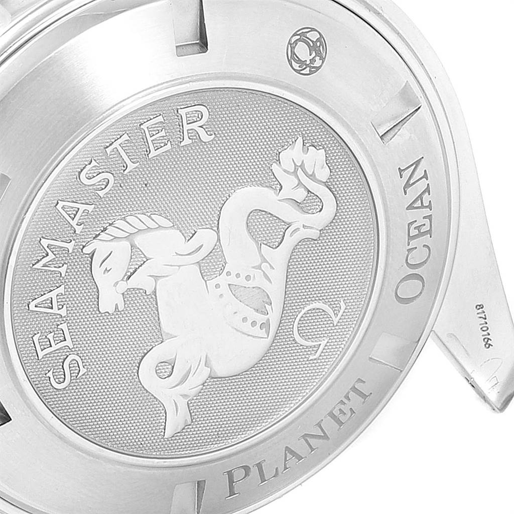 The image shows the case back of the Omega Planet Ocean 2200.51.00 Men
s Stainless Steel Black Dial 2200.51.00 Men
s Stainless Steel Black Dial model watch with the "Seamaster" engraving and emblem.