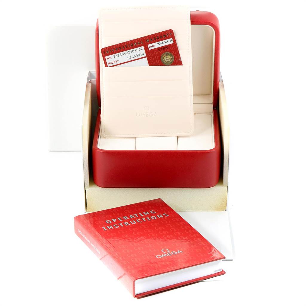 The image shows Omega Planet Ocean 232.30.42.21.01.002 Men
s Stainless Steel Black Dial 232.30.42.21.01.002 Men
s Stainless Steel Black Dial accessories, including a warranty card, instruction manual, and watch box.