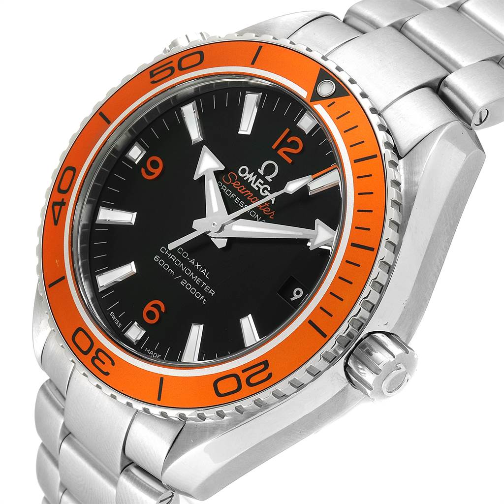 The Omega Planet Ocean 232.30.42.21.01.002 Men
s Stainless Steel Black Dial 232.30.42.21.01.002 Men
s Stainless Steel Black Dial watch is shown from an angled top view, highlighting its orange bezel and part of the stainless steel bracelet.
