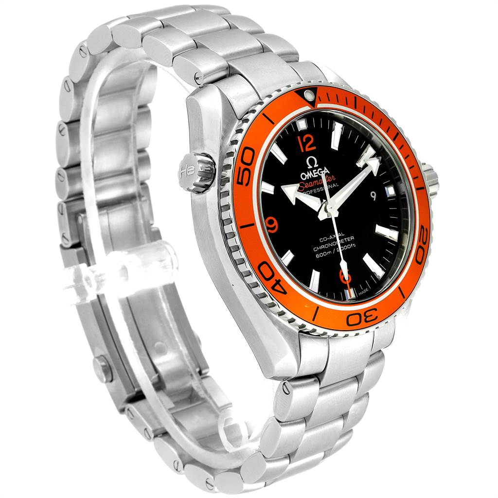 The Omega Planet Ocean 232.30.42.21.01.002 Men
s Stainless Steel Black Dial 232.30.42.21.01.002 Men
s Stainless Steel Black Dial watch is shown at a three-quarter angle, displaying the bracelet, bezel, crown, and dial.