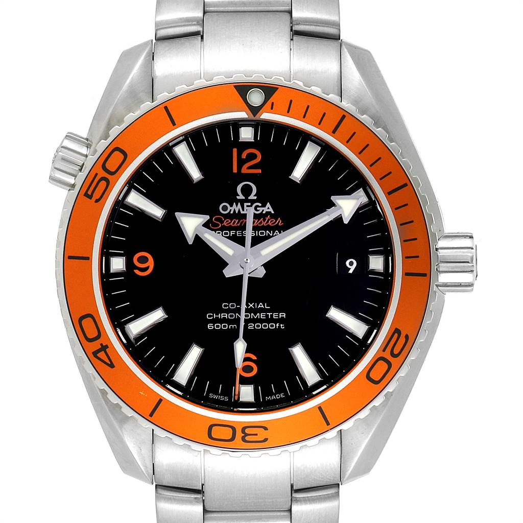 The Omega Planet Ocean 232.30.42.21.01.002 Men
s Stainless Steel Black Dial 232.30.42.21.01.002 Men
s Stainless Steel Black Dial watch is shown from a front angle, displaying the dial, bezel, and bracelet.