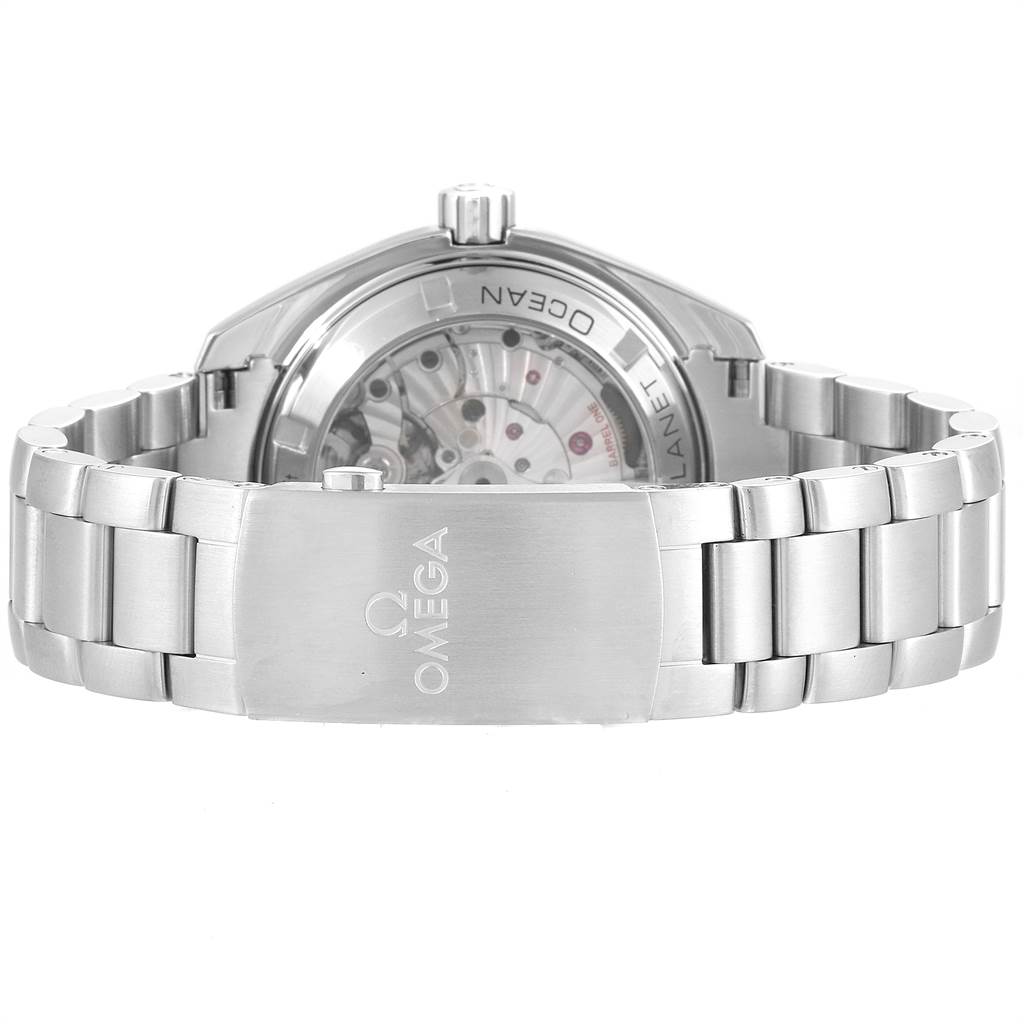 This image shows the back view of an Omega Planet Ocean 232.30.42.21.01.002 Men
s Stainless Steel Black Dial 232.30.42.21.01.002 Men
s Stainless Steel Black Dial watch, highlighting its case back and stainless steel bracelet with clasp.