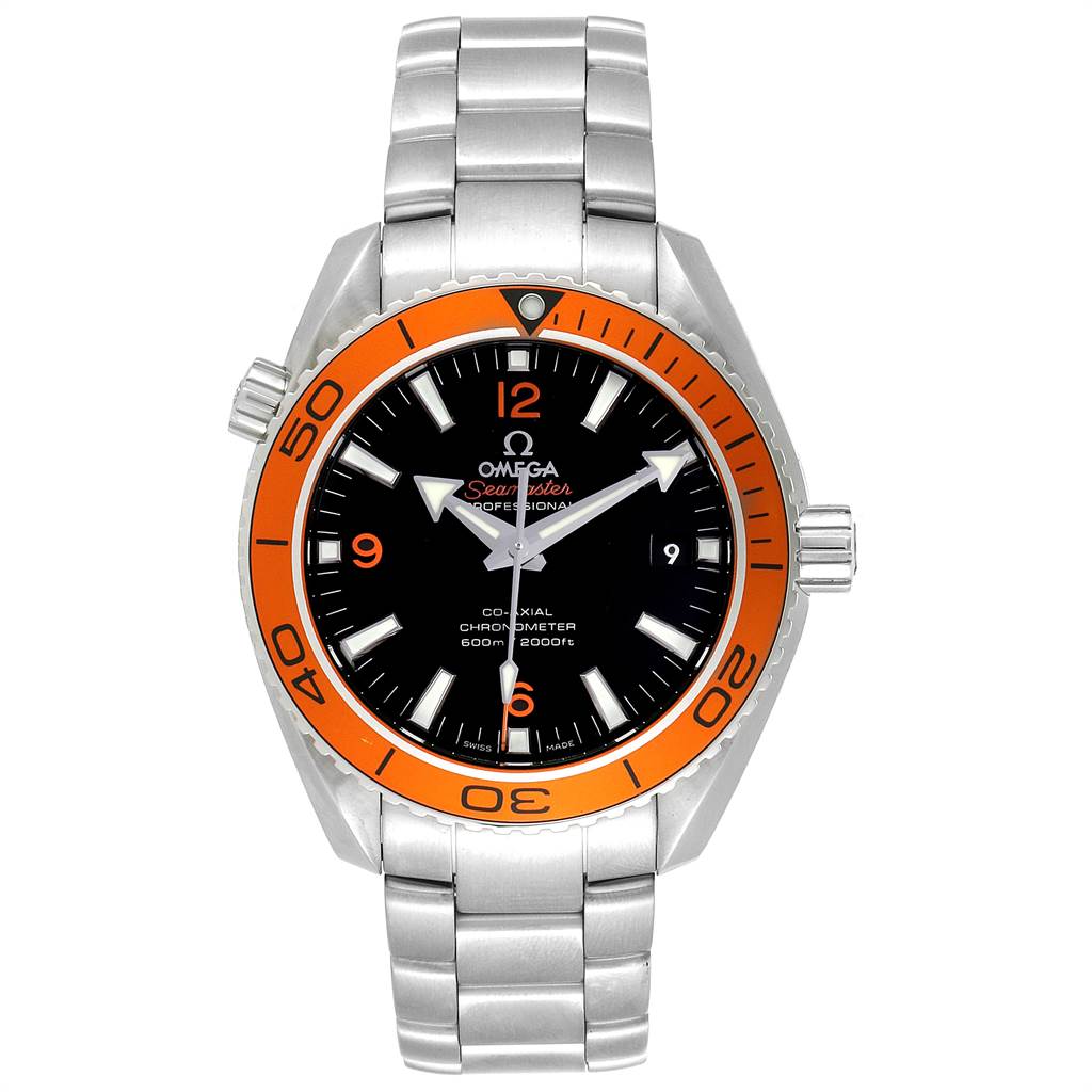 This image shows a front view of the Omega Planet Ocean 232.30.42.21.01.002 Men
s Stainless Steel Black Dial 232.30.42.21.01.002 Men
s Stainless Steel Black Dial watch, highlighting the face, bezel, and bracelet.