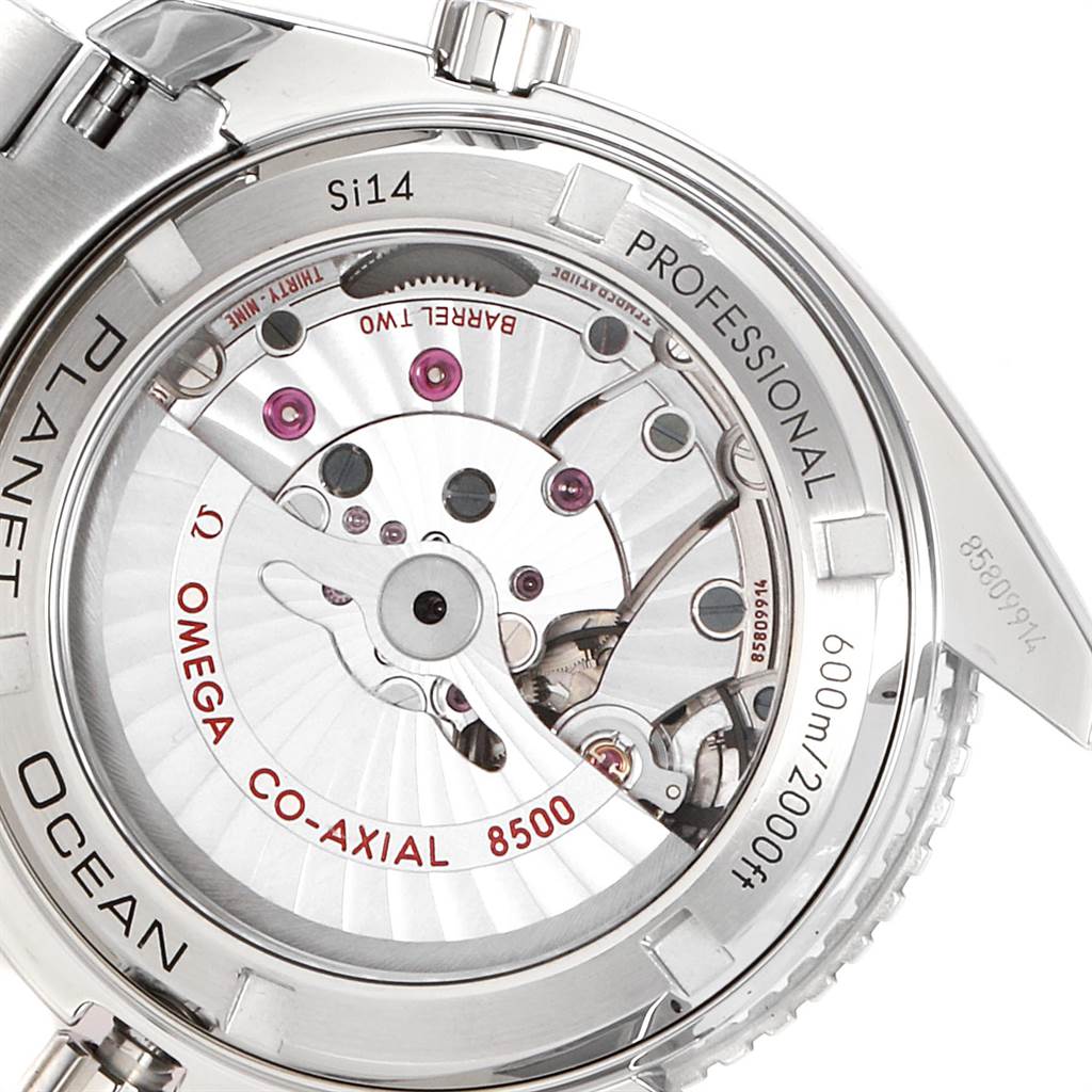 The image shows the back side of an Omega Planet Ocean 232.30.42.21.01.002 Men
s Stainless Steel Black Dial 232.30.42.21.01.002 Men
s Stainless Steel Black Dial watch, highlighting its internal mechanical components.