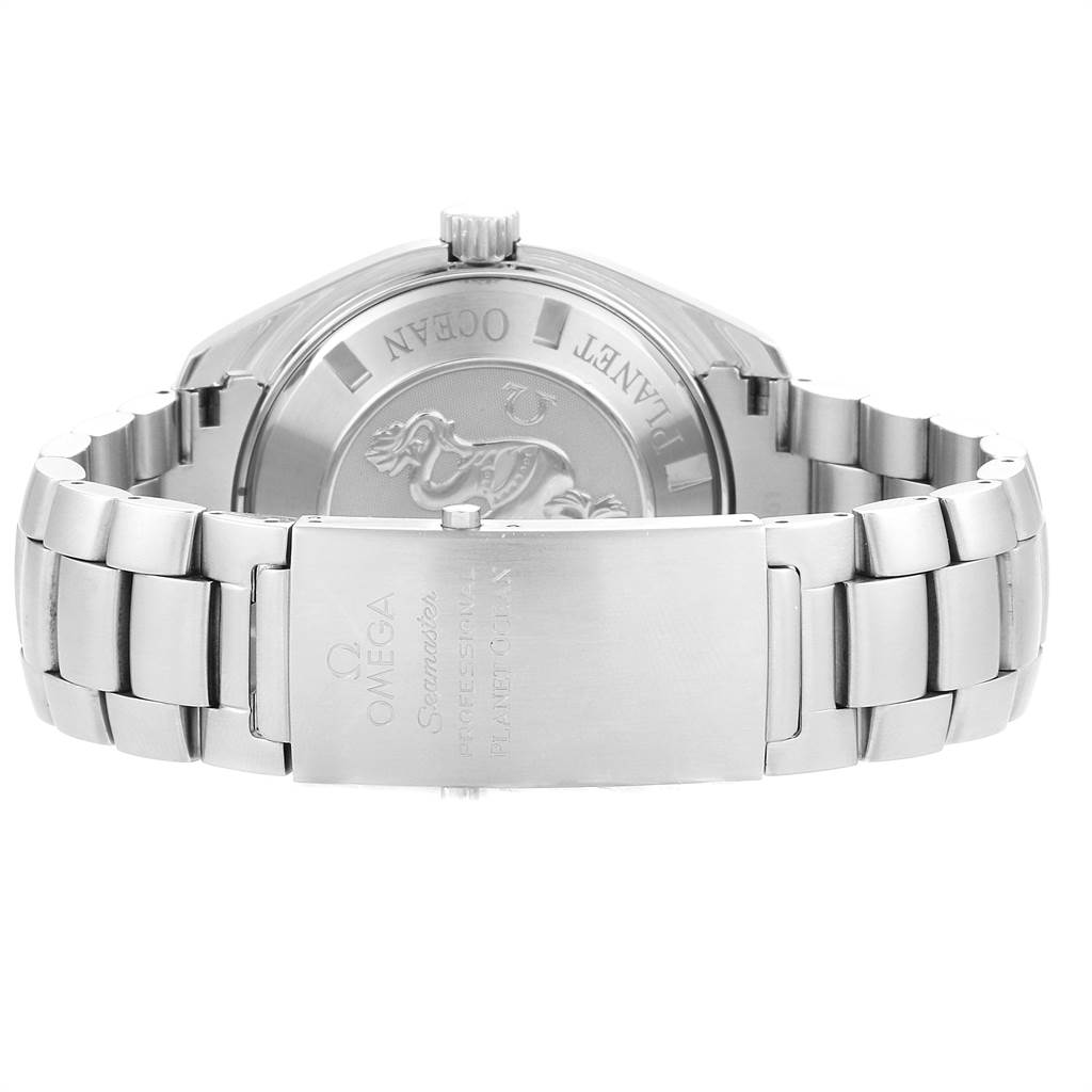 The image shows the back case and bracelet clasp of the Omega Planet Ocean 2208.50.00 Men
s Stainless Steel Black Dial 2208.50.00 Men
s Stainless Steel Black Dial watch.