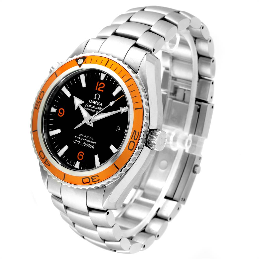 The Omega Planet Ocean 2208.50.00 Men
s Stainless Steel Black Dial 2208.50.00 Men
s Stainless Steel Black Dial watch is shown at a three-quarter angle, highlighting its bracelet, orange bezel, and black dial.
