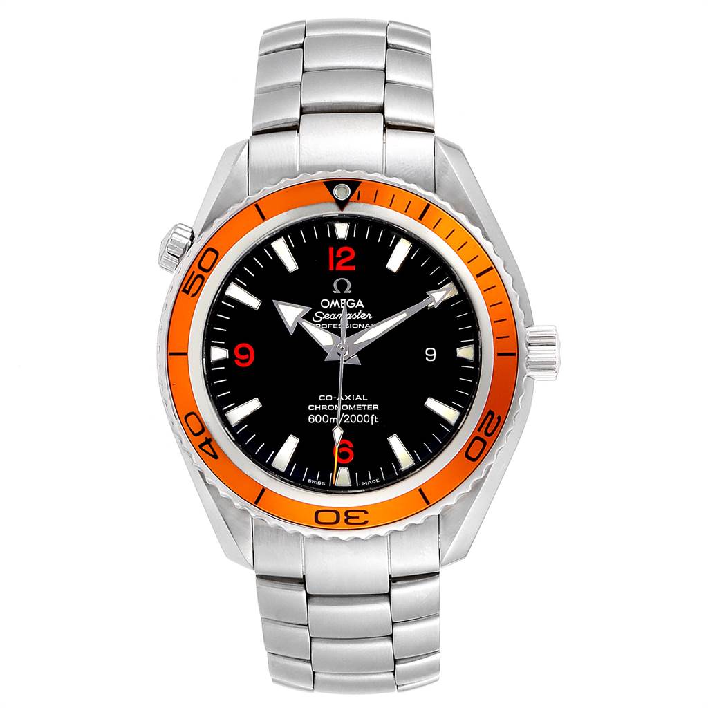 The image shows a front view of the Omega Planet Ocean 2208.50.00 Men
s Stainless Steel Black Dial 2208.50.00 Men
s Stainless Steel Black Dial watch, displaying its orange bezel, black dial, and stainless steel bracelet.