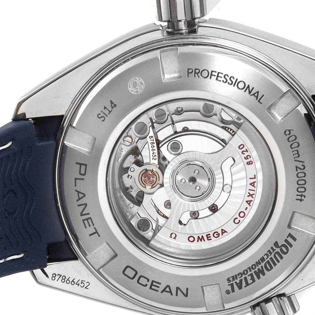 The image shows the back of an Omega Planet Ocean 232.92.38.20.03.001 Titanium Blue Dial 232.92.38.20.03.001 Titanium Blue Dial watch, highlighting the movement and specific model details.
