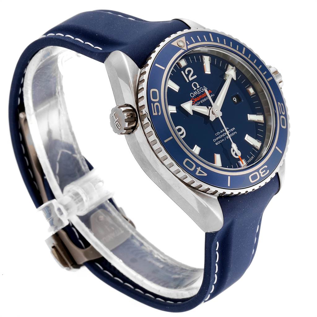 The image shows an angled side and front view of an Omega Planet Ocean 232.92.38.20.03.001 Titanium Blue Dial 232.92.38.20.03.001 Titanium Blue Dial watch with a blue bezel and strap.