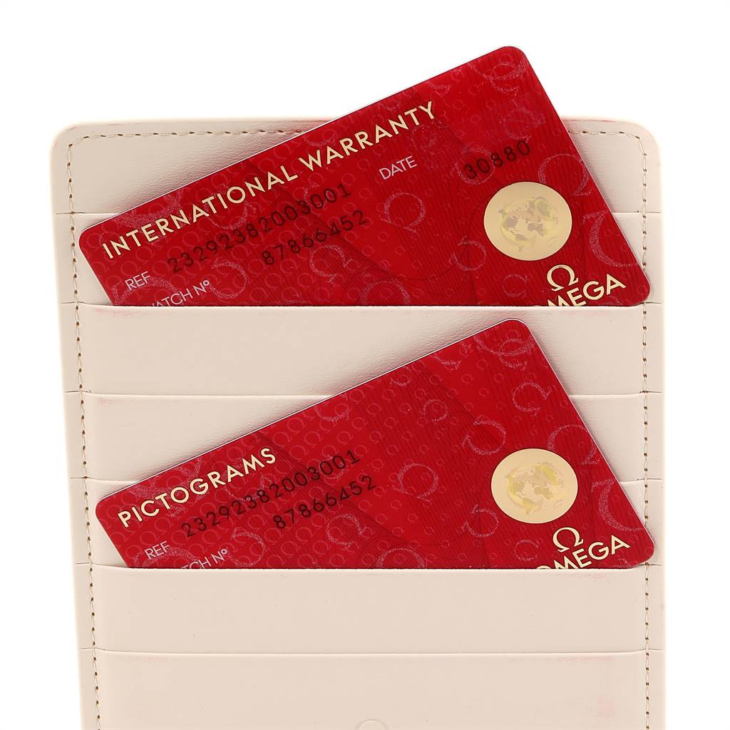 The image shows the Omega Planet Ocean 232.92.38.20.03.001 Titanium Blue Dial 232.92.38.20.03.001 Titanium Blue Dial's International Warranty and Pictograms cards in a cardholder, viewed from the front.