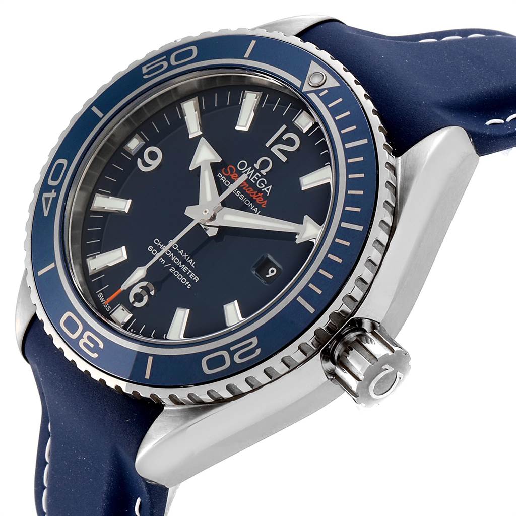 The image shows a close-up angle of the Omega Planet Ocean 232.92.38.20.03.001 Titanium Blue Dial 232.92.38.20.03.001 Titanium Blue Dial watch face, bezel, crown, and part of the strap.